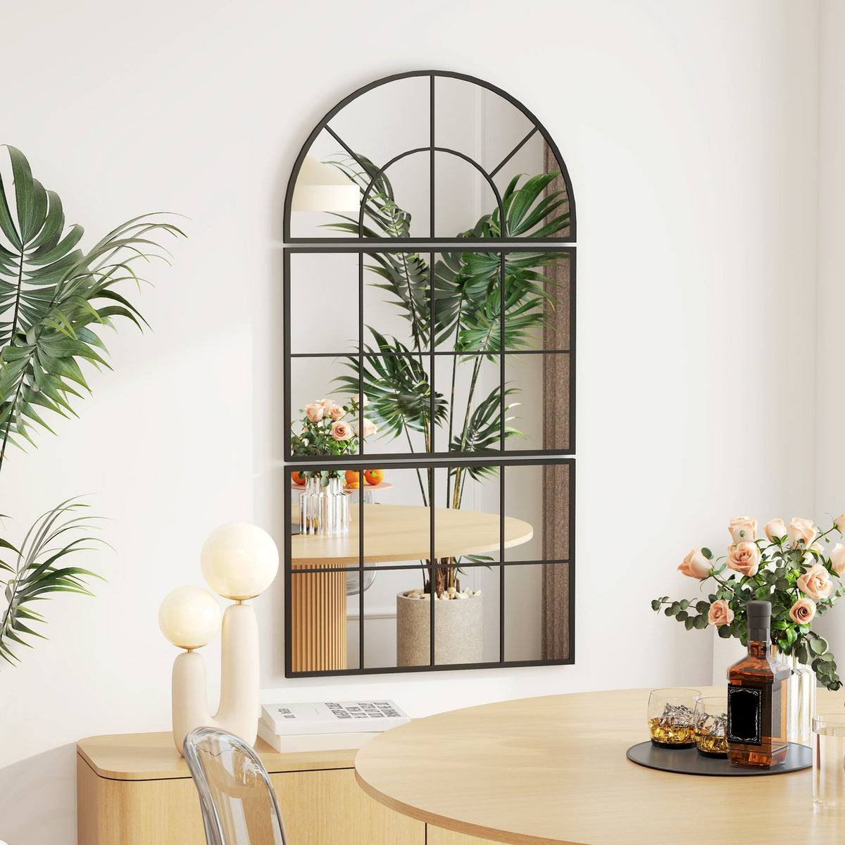 Wall Mirror Three Pieces Arch Shaped Mirror with Metal Frame Decorative Window Mirror Hanging Mirror for Bathroom Living Room Black