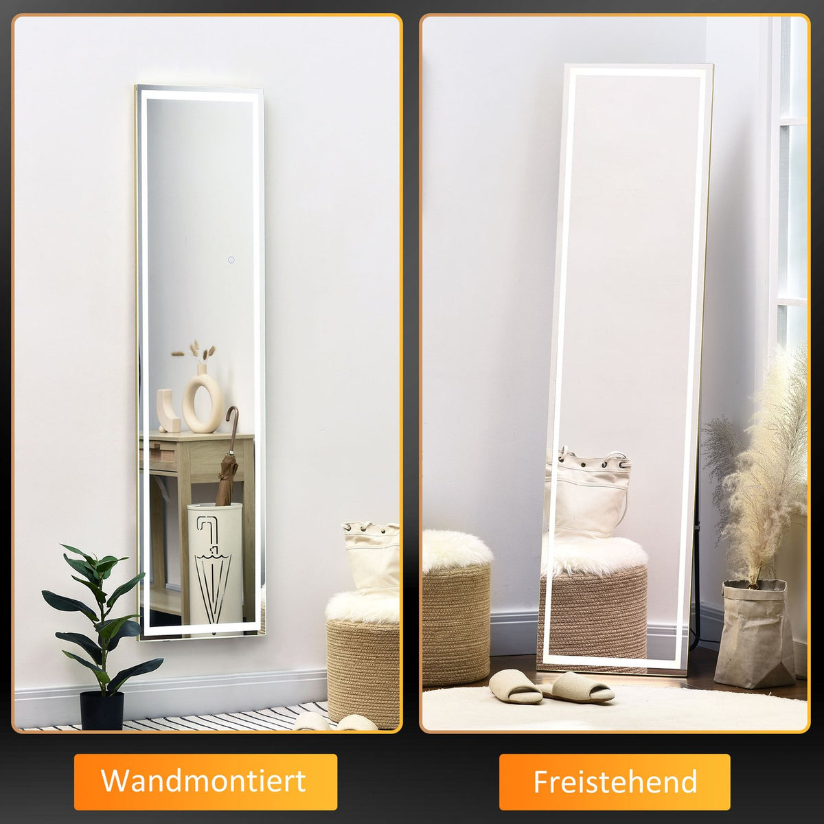 Wall Mirror With Led 2 In 1 Standing Mirror, Full Length Mirror, Aluminum Frame, For Bedroom, Lighting, Silver+Gold
