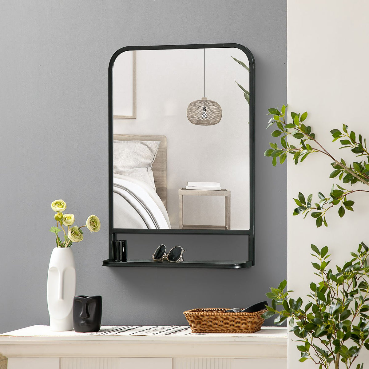 Wall Mirror With Shelf 70X50Cm, Modern, Elegant, For Living Room, Rectangular, Black