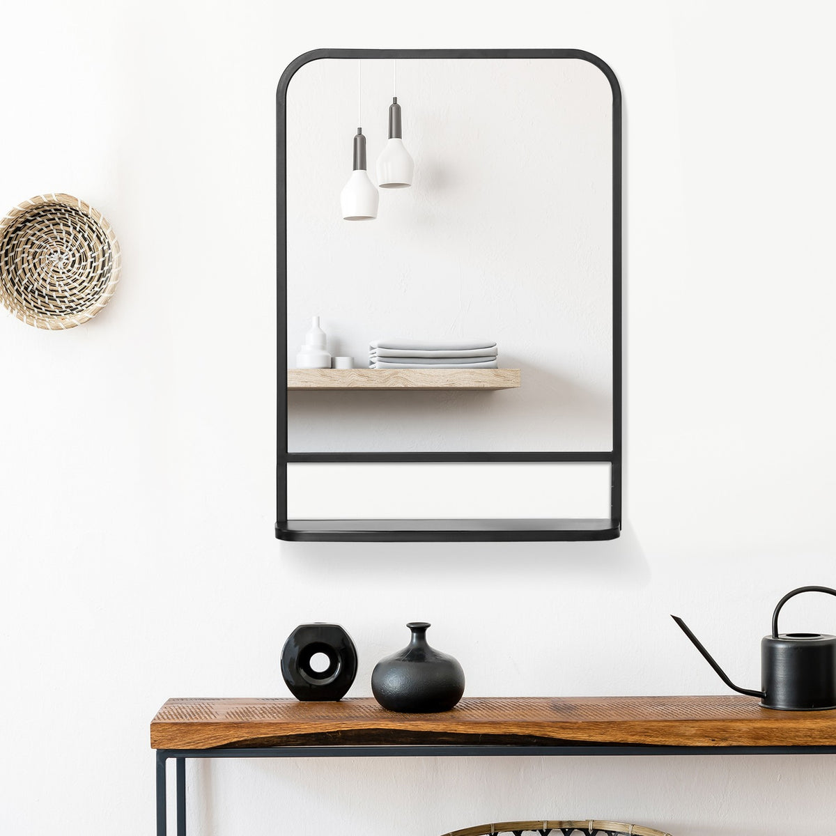 Wall Mirror With Shelf 70X50Cm, Modern, Elegant, For Living Room, Rectangular, Black