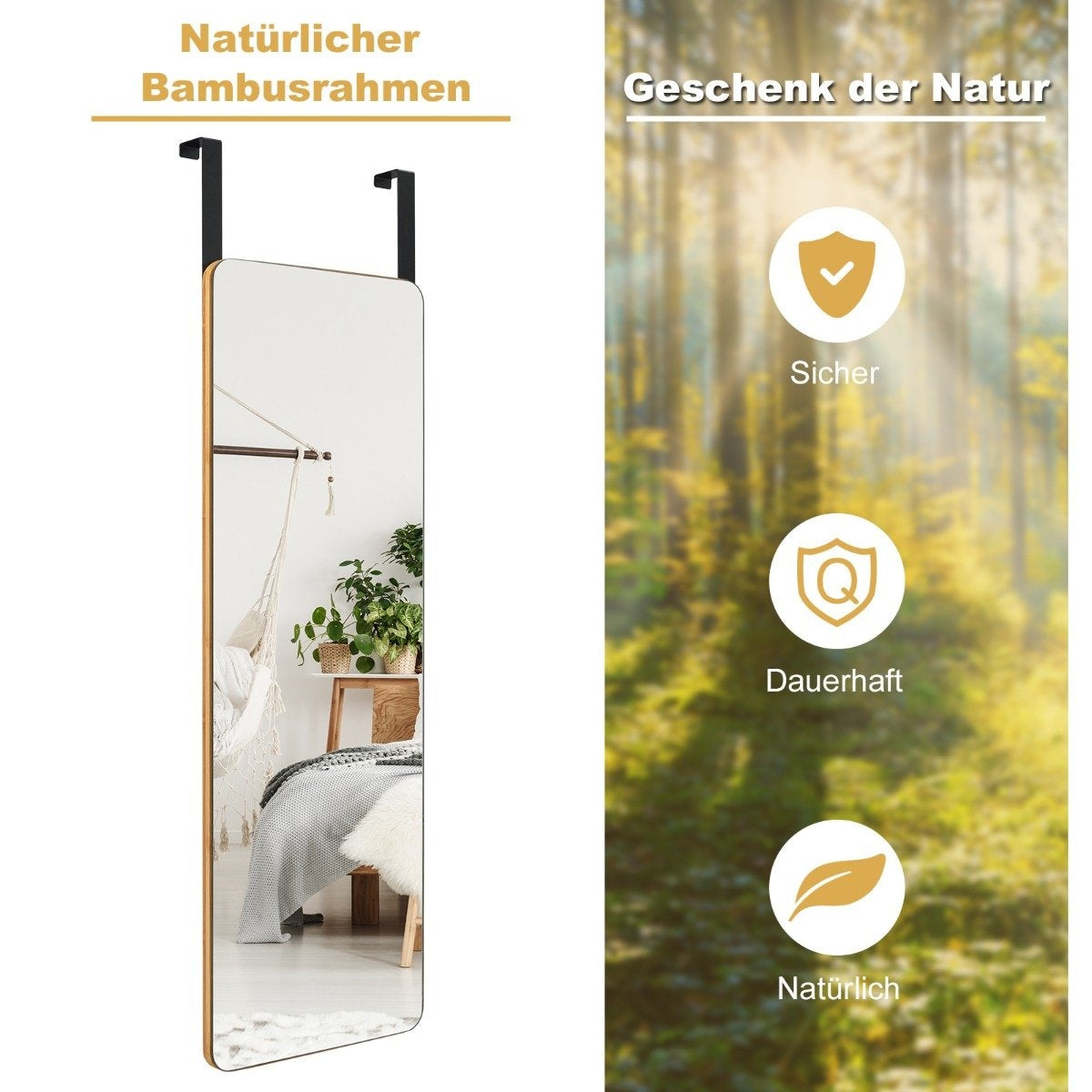 Wall Mirror with Bamboo Frame, Rounded Corners, 2 Hooks