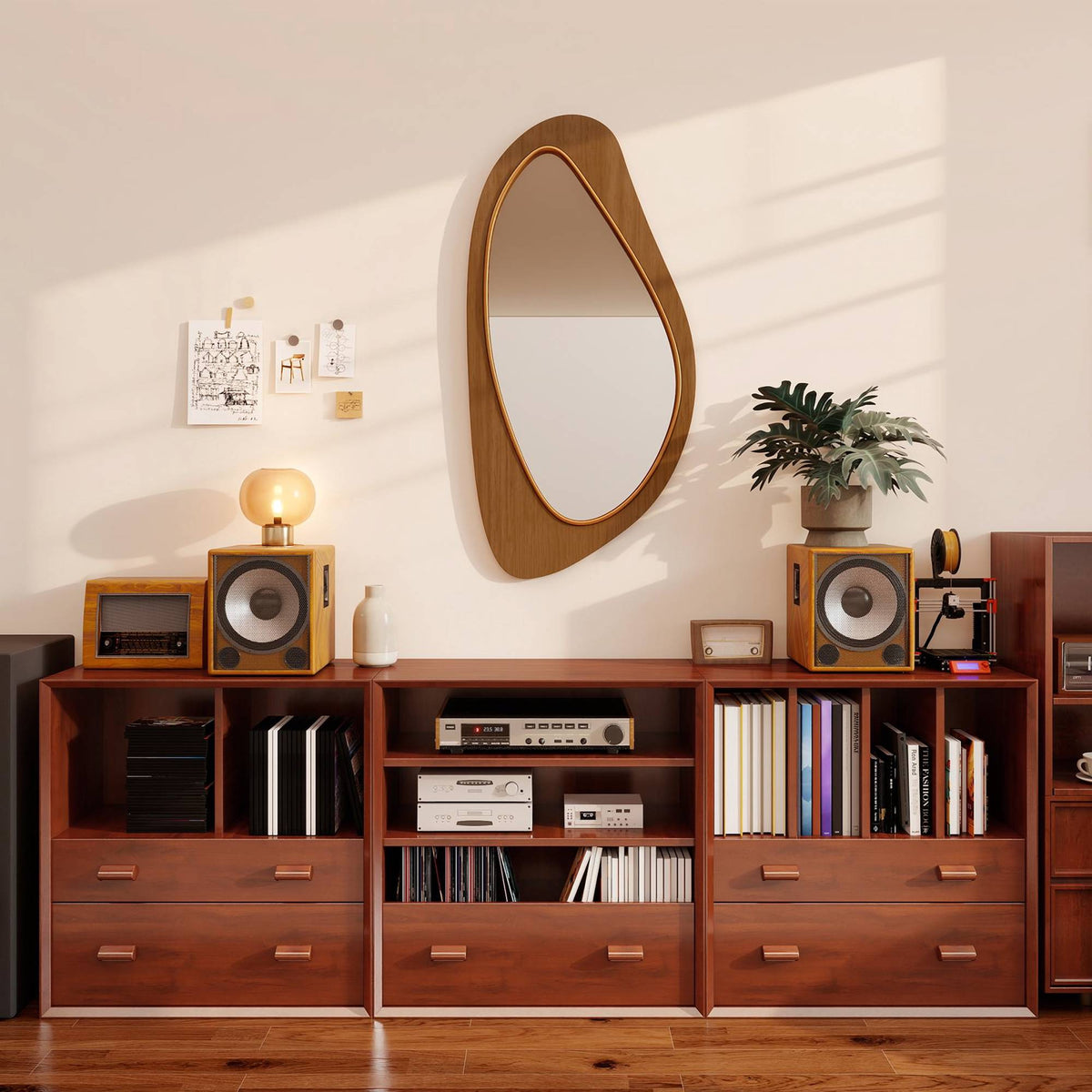 Wall Mirror with Pine Veneer Frame, 91.5 x 45 cm