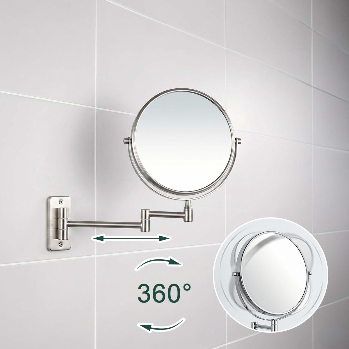 Wall-Mounted 10x Magnifying Mirror – Double-Sided, Swivel Arm