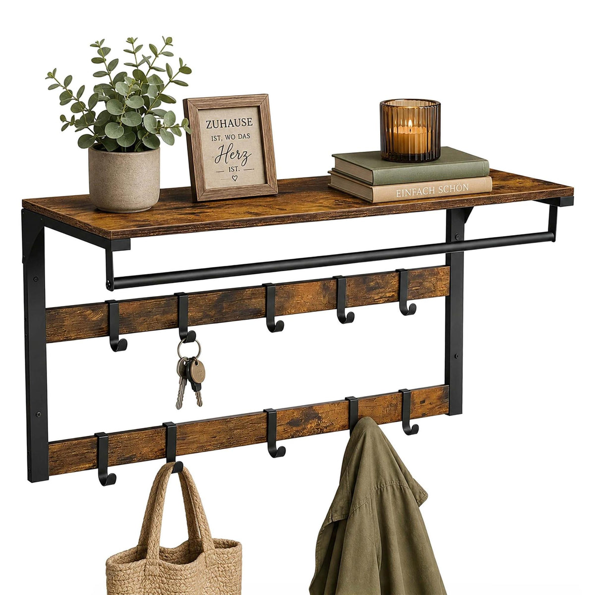 Wall-Mounted 3-in-1 Coat Rack with Shelf, Brown, 80 cm