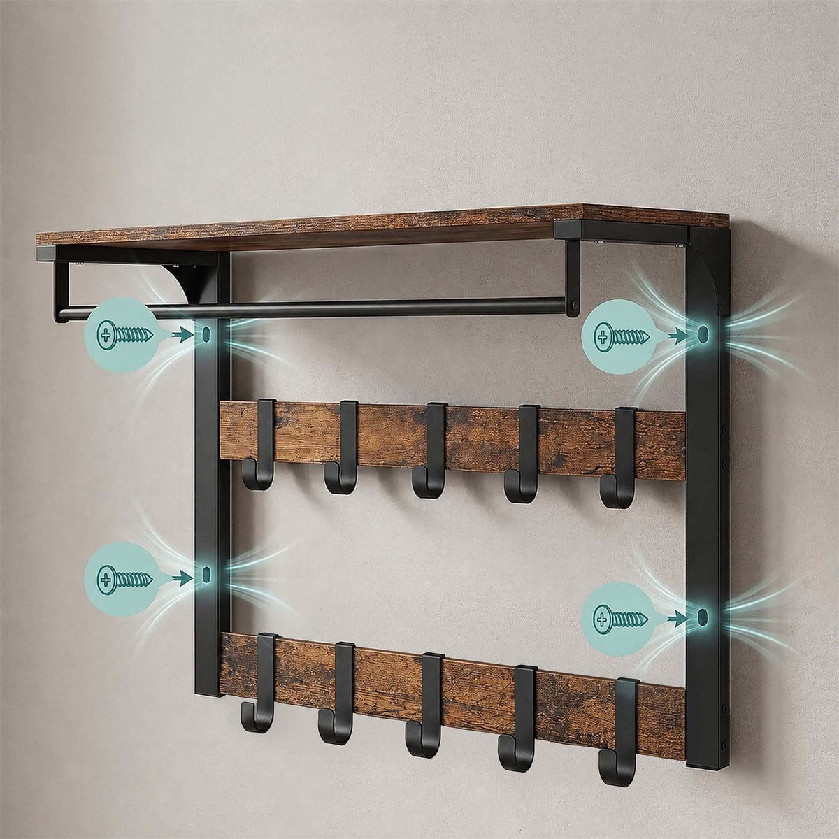 Wall-Mounted 3-in-1 Coat Rack with Shelf, Brown, 80 cm