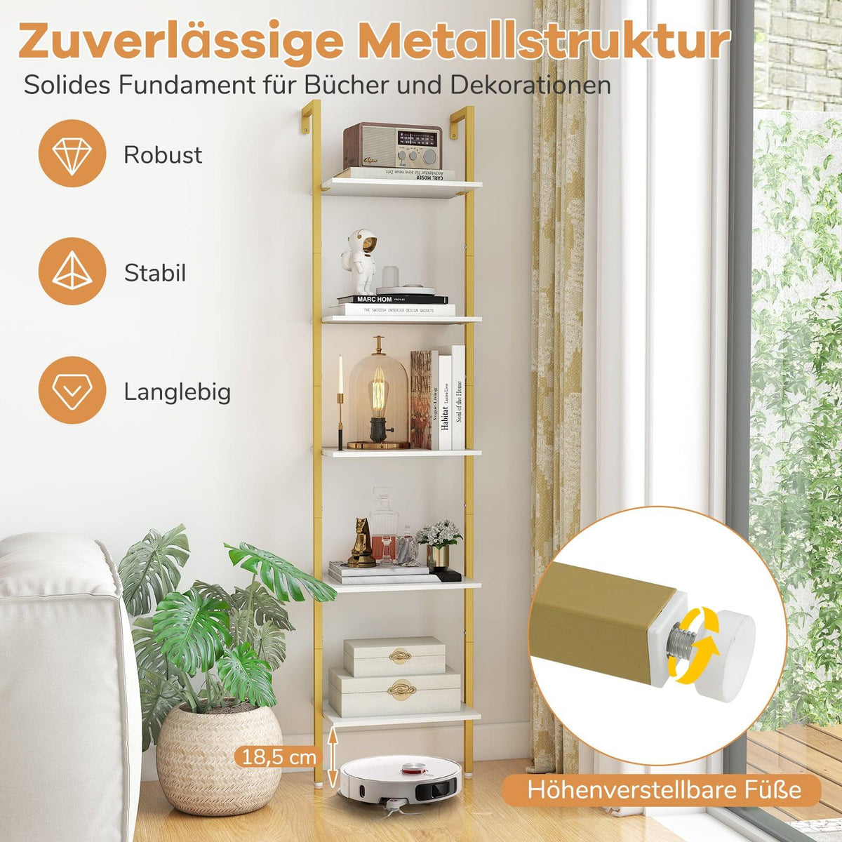 Wall-Mounted 5-Tier Ladder Bookshelf with Metal Frame