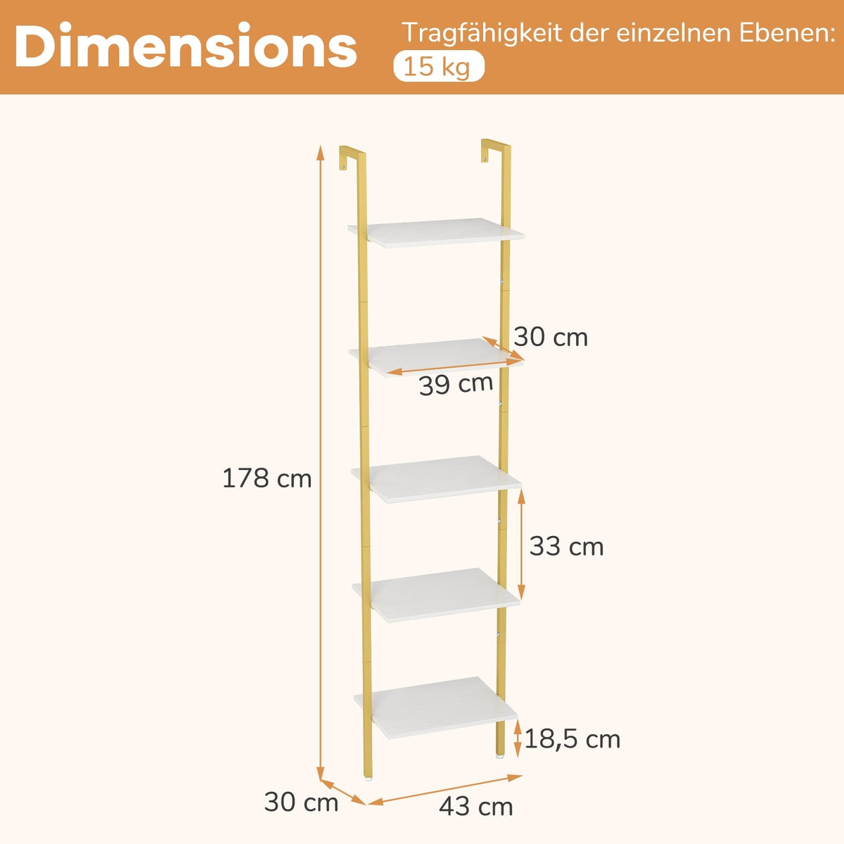 Wall-Mounted 5-Tier Ladder Bookshelf with Metal Frame