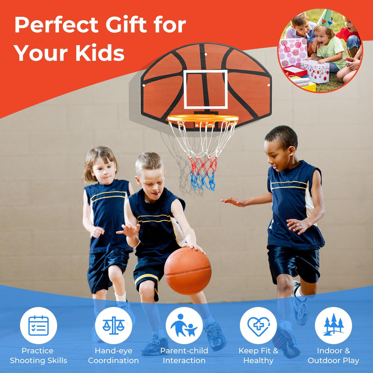 Wall-Mounted Basketball Hoop, 26 x 17.5 Shatterproof Backboard
