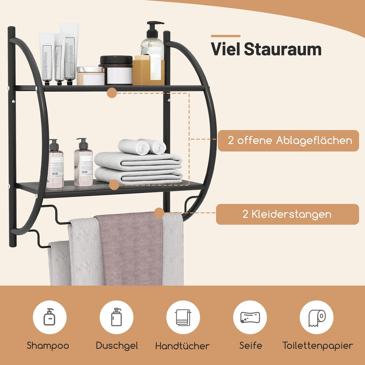Wall-Mounted Black Metal Towel Rack with Shelf, 45x25.5x55 cm