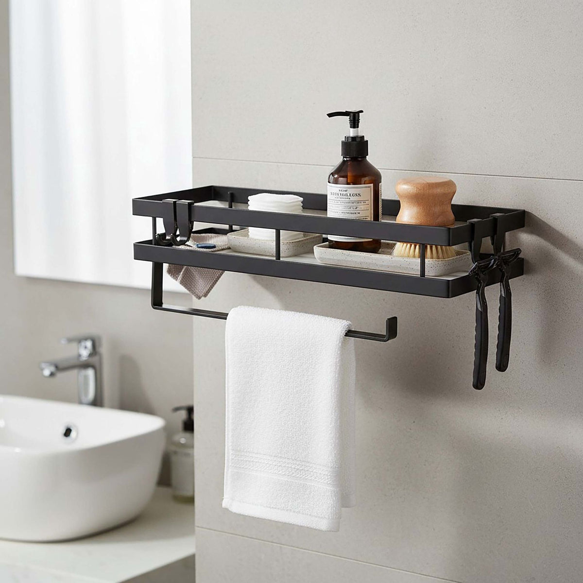 Wall-Mounted Black Spice Rack with Hooks and Roll Holder