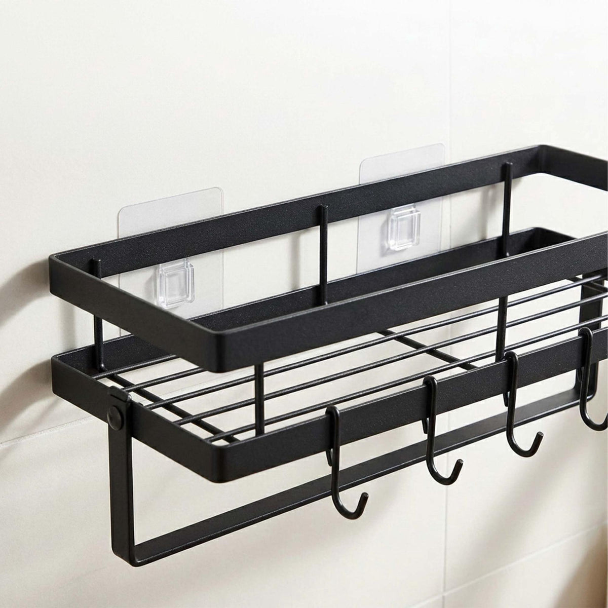 Wall-Mounted Black Spice Rack with Hooks and Roll Holder