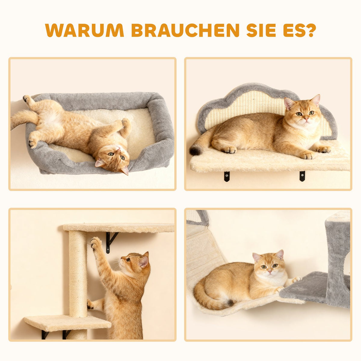 Wall-Mounted Cat Tree Set, Sisal, 4 Pieces, Beige
