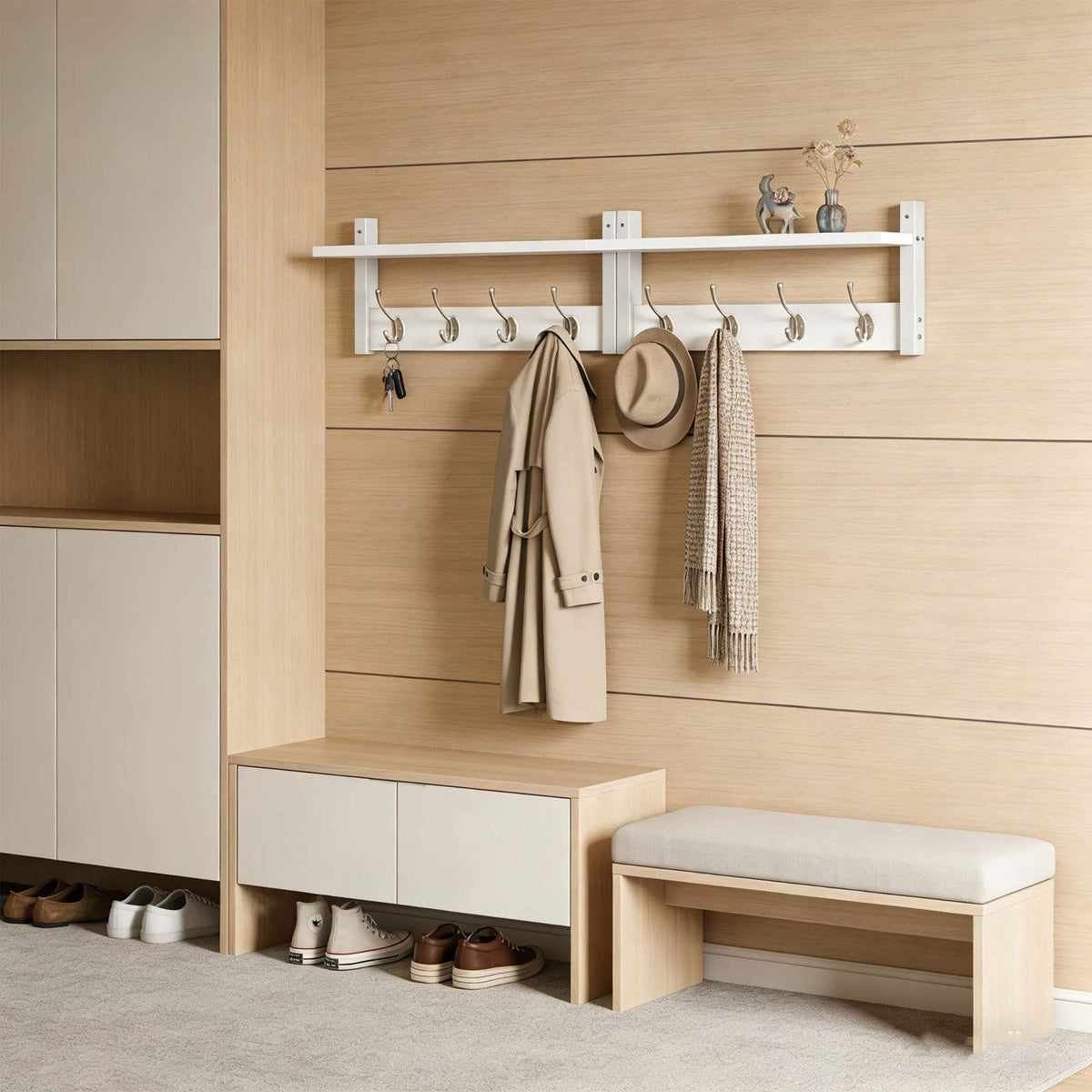 Wall-Mounted Coat Rack Set, White – MDF & Iron