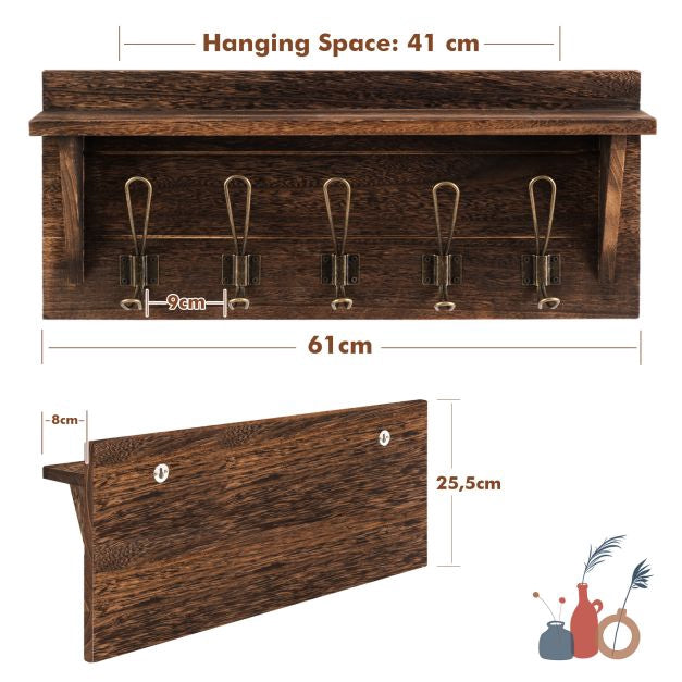 Wall-Mounted Coat Rack With Shelf, 5 Dual Hooks, Brown