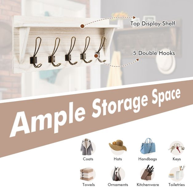 Wall-Mounted Coat Rack With Shelf, 5 Dual Hooks, White