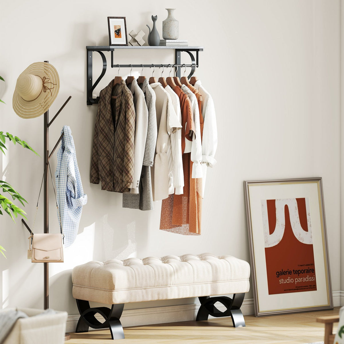 Wall-Mounted Coat Rack with Shelf and 5 Hooks, Gray
