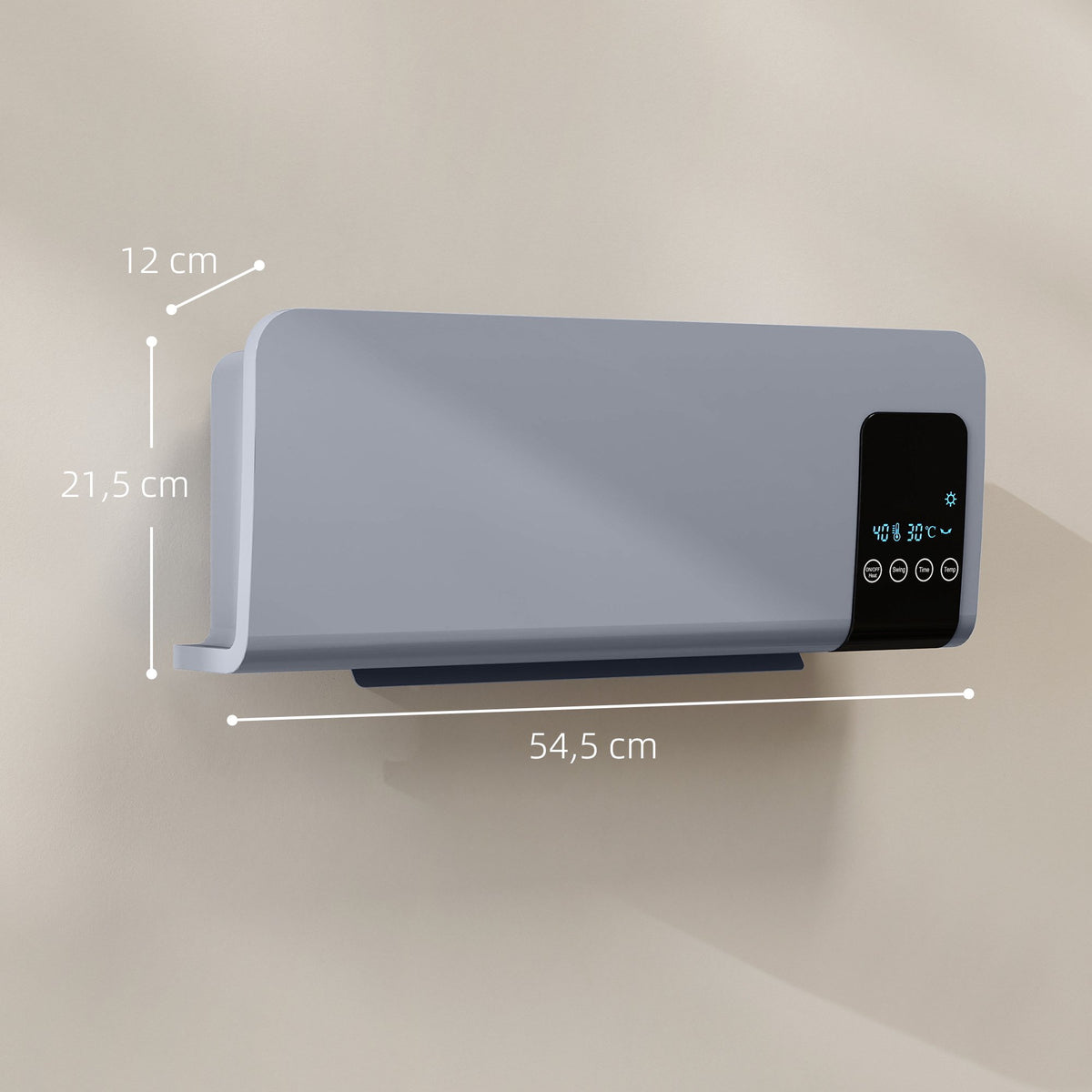 Wall-Mounted Electric Heater, Grey, 2 Modes, Timer, LED Display