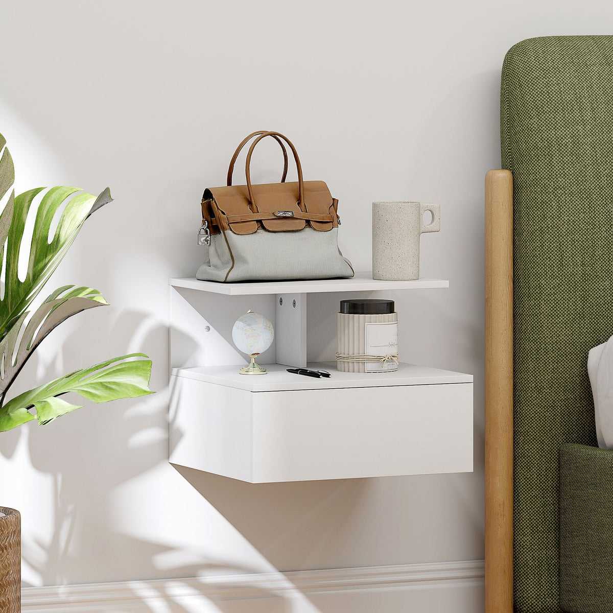 Wall-Mounted Floating Nightstand with Drawer, White, 39.8 x 35 x 31.6 cm
