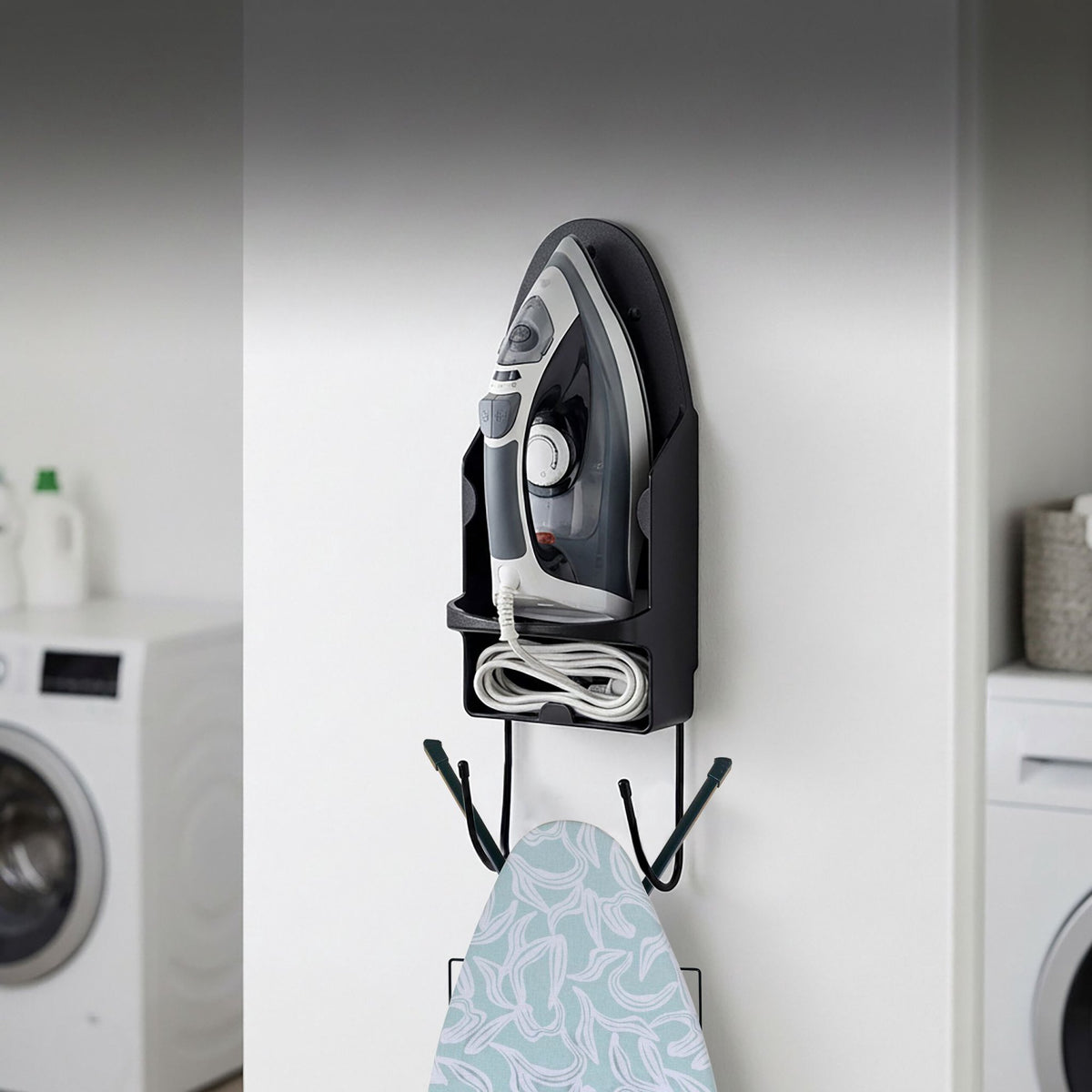 Wall-Mounted Iron Holder with Hooks, Black, Steel