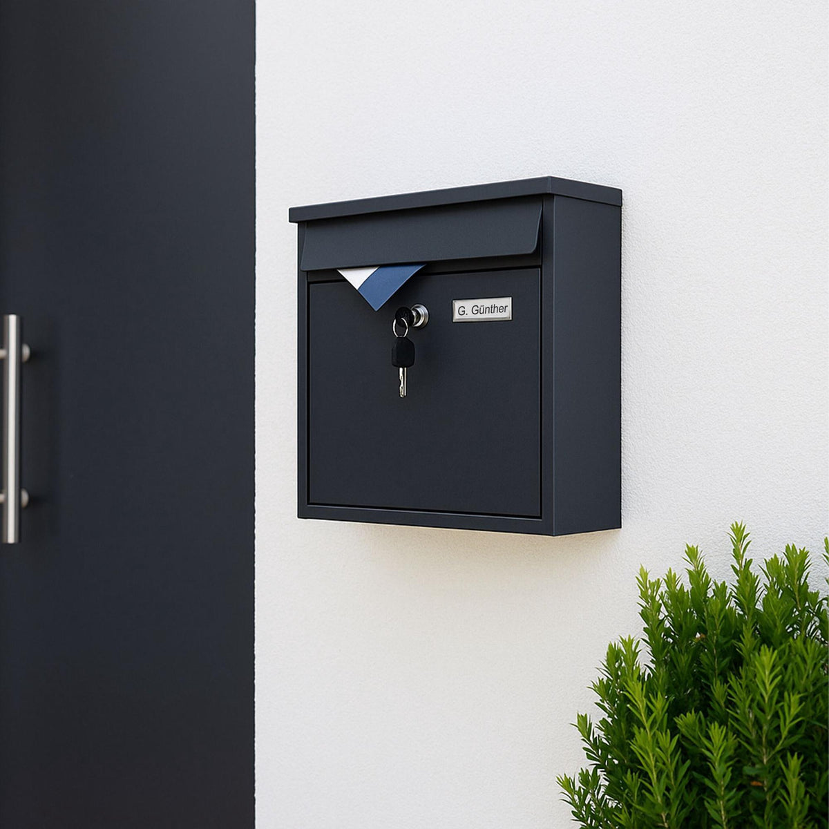 Wall-Mounted Iron Letterbox with Keys and Nameplate