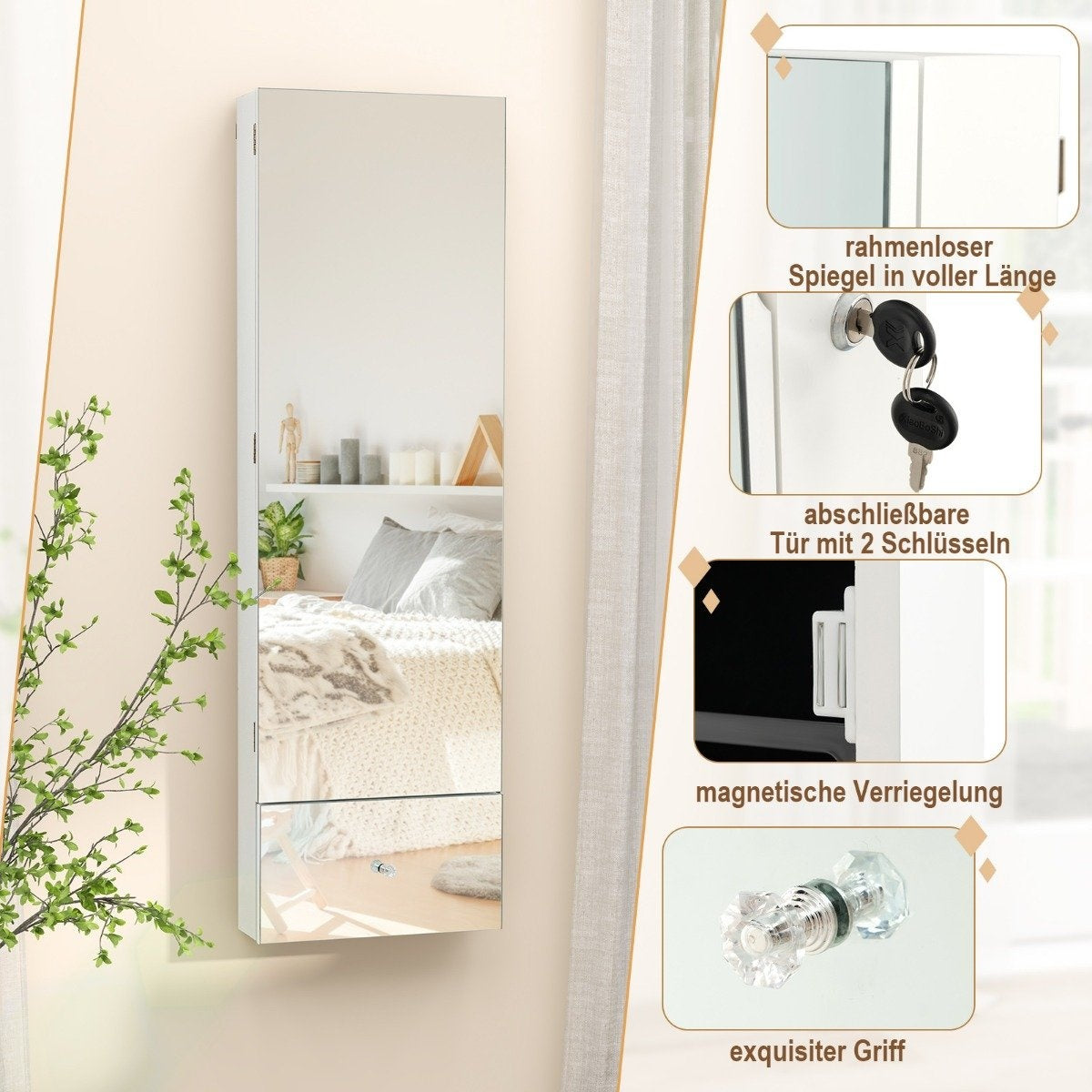 Wall-Mounted Jewelry Cabinet with Lock, LED Mirror, 120cm