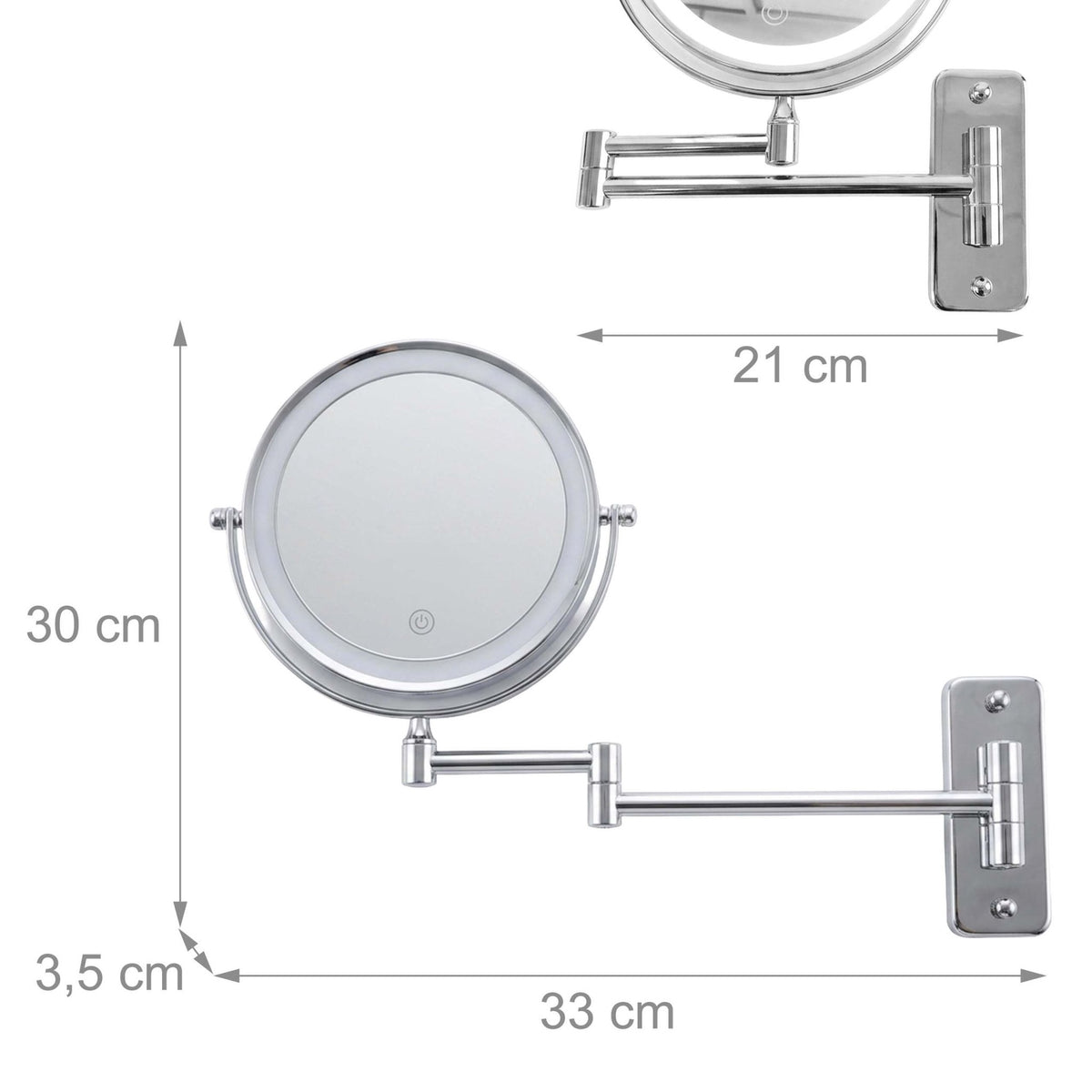 Wall-Mounted LED Cosmetic Mirror, 10x Magnification, Silver