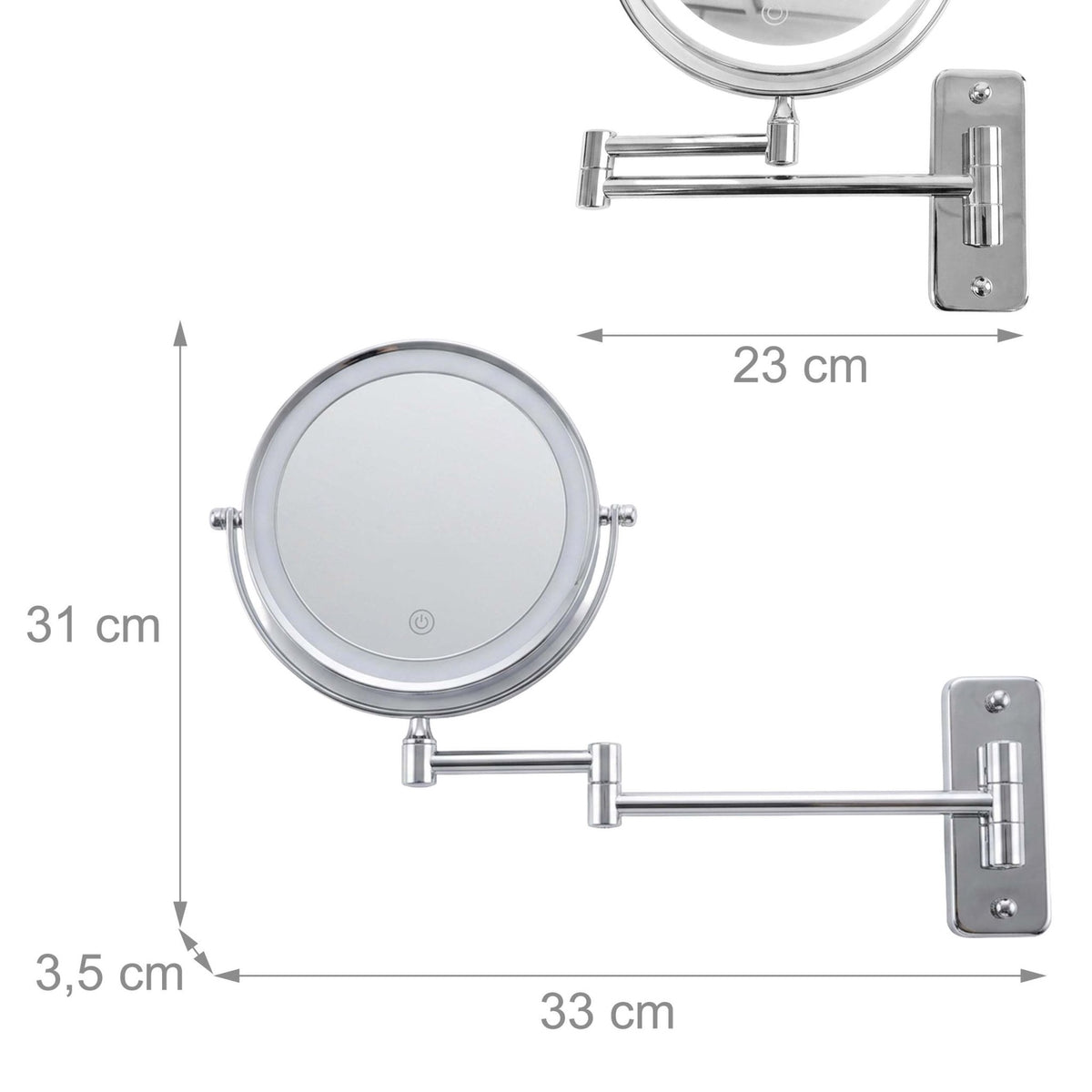 Wall-Mounted LED Mirror, 10x Magnifying, Silver
