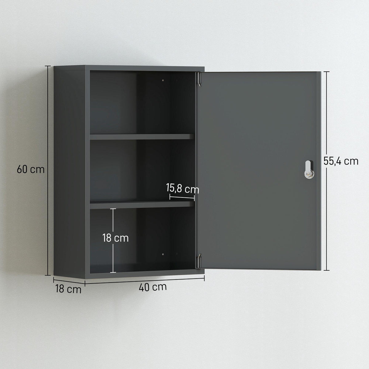 Wall-Mounted Medicine Cabinet, Lockable, 3 Shelves, Grey