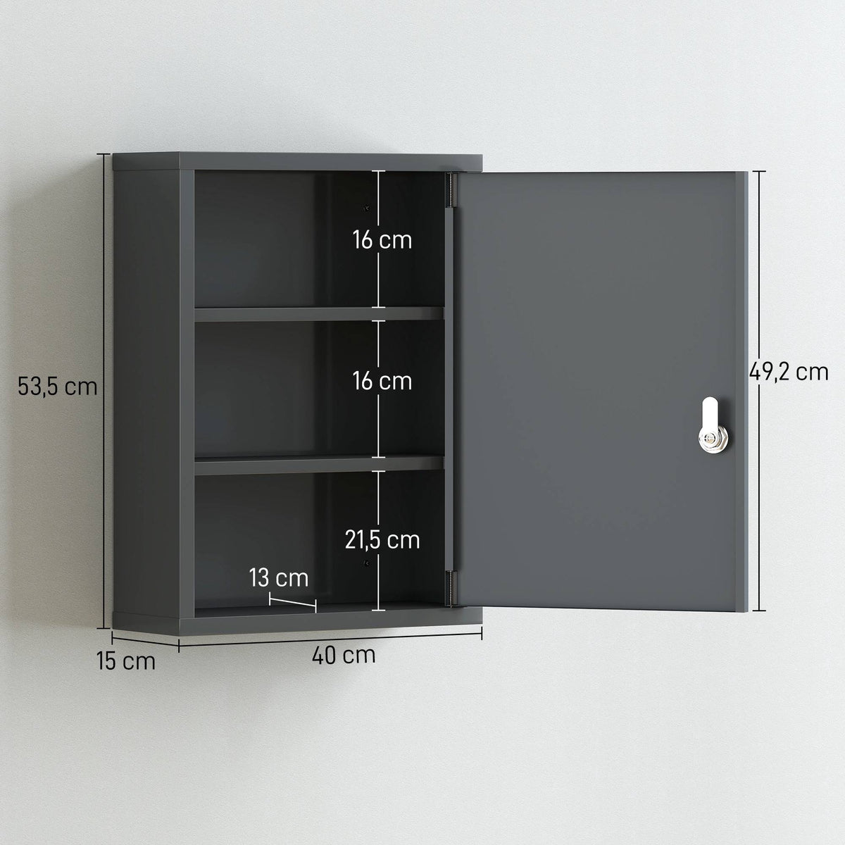 Wall-Mounted Medicine Cabinet with Lock, 3-Tier Steel, 40x15x53.5 cm