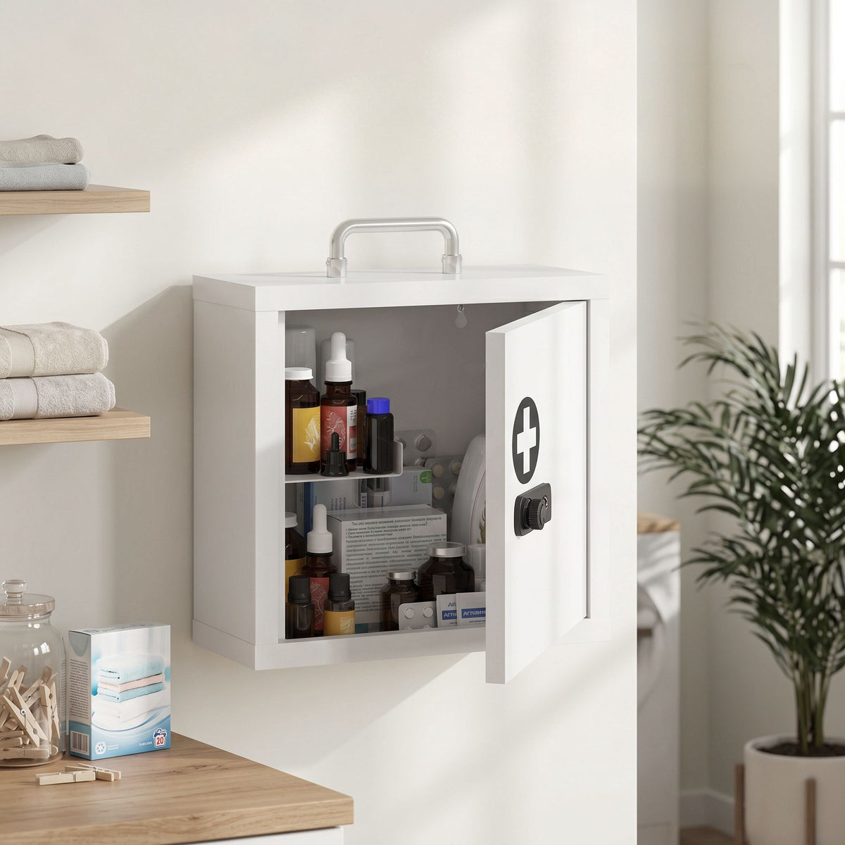 Wall-Mounted Medicine Cabinet with Lock, Stainless Steel, White
