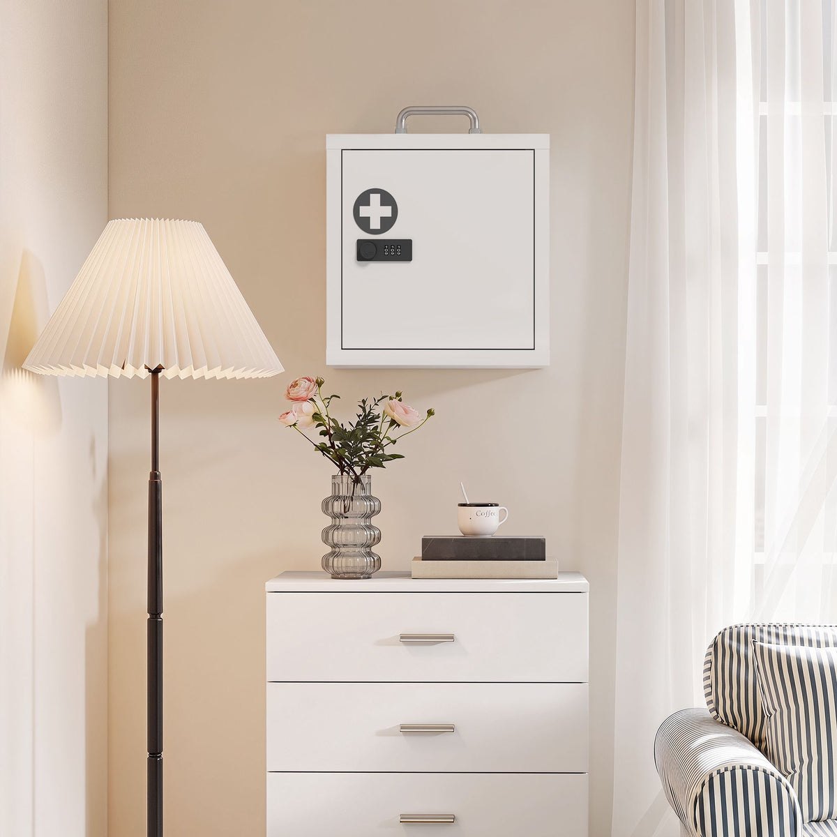 Wall-Mounted Medicine Cabinet with Lock, Stainless Steel, White