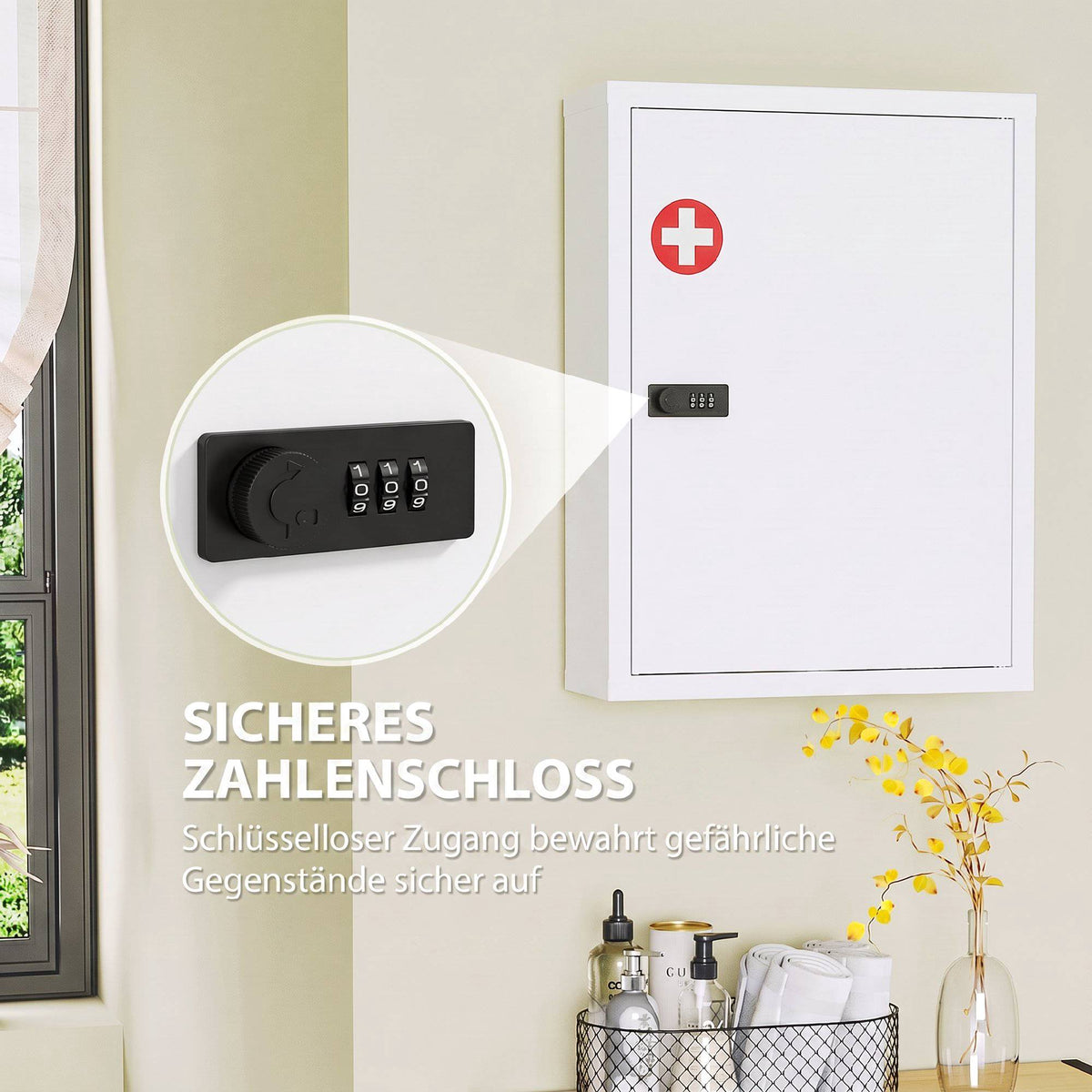 Wall-Mounted Medicine Cabinet with Lock, Steel, White