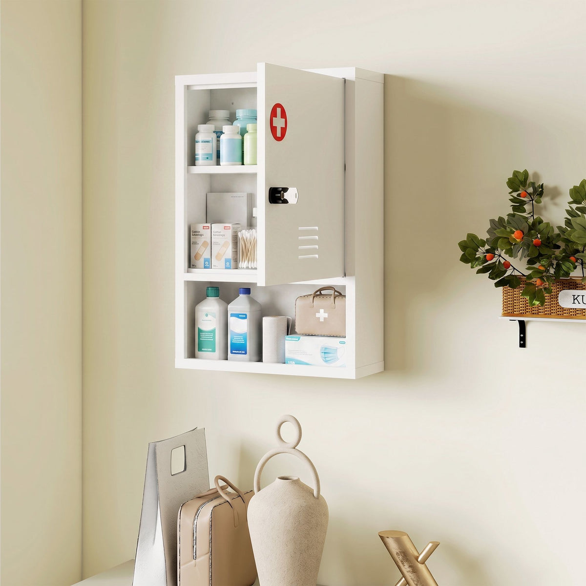 Wall-Mounted Medicine Cabinet with Lock, White, Steel