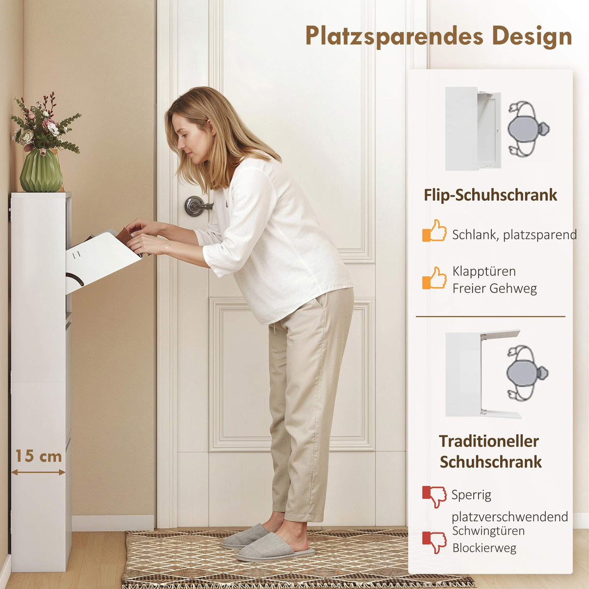 Wall-Mounted Metal Shoe Cabinet, 3 Flip Drawers, White