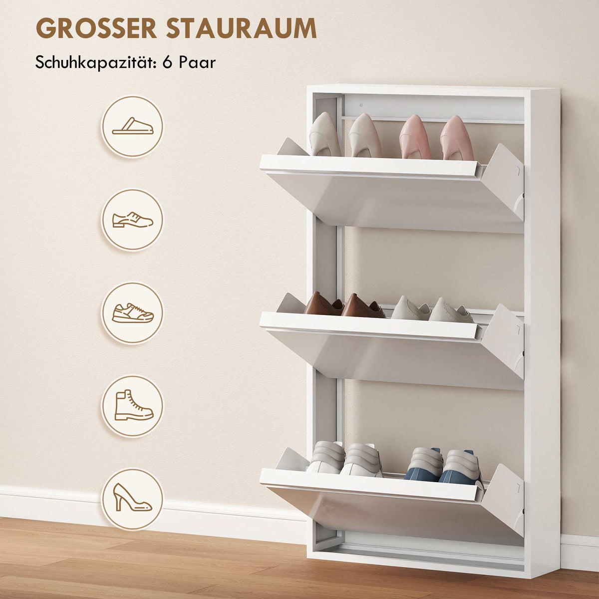 Wall-Mounted Metal Shoe Cabinet, 3 Flip Drawers, White