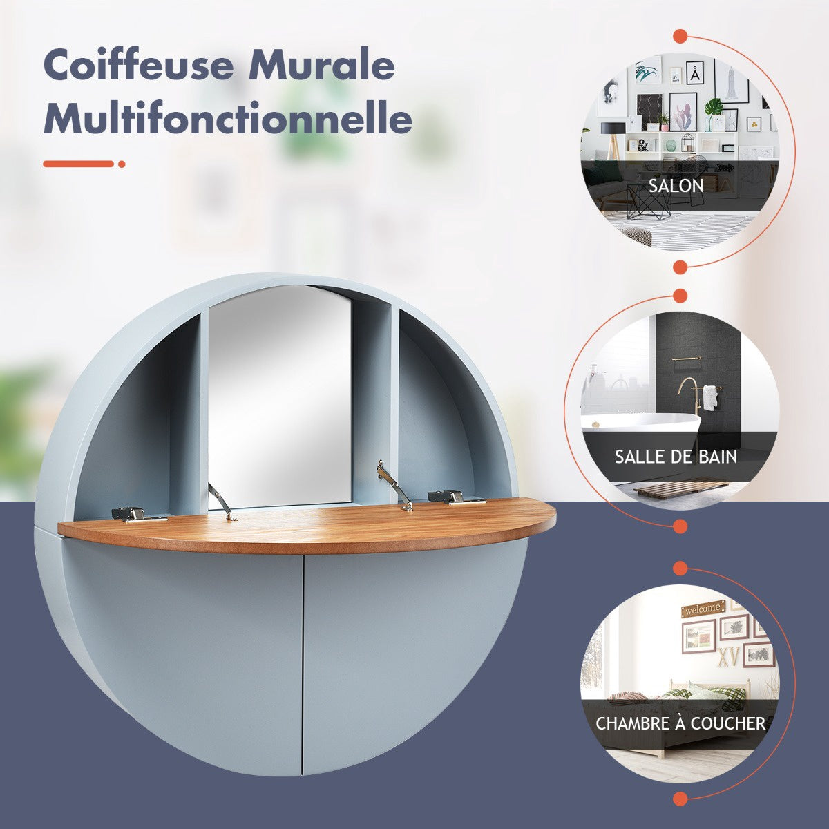 Wall-Mounted Round Dressing Table, Mirror, Shelves, 72 cm