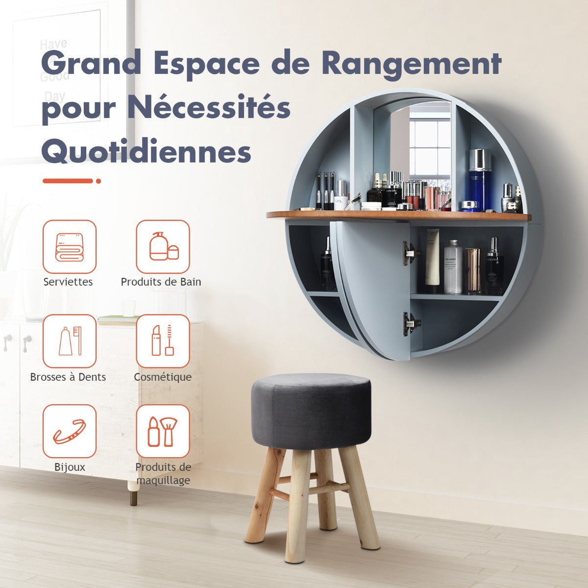 Wall-Mounted Round Dressing Table, Mirror, Shelves, 72 cm