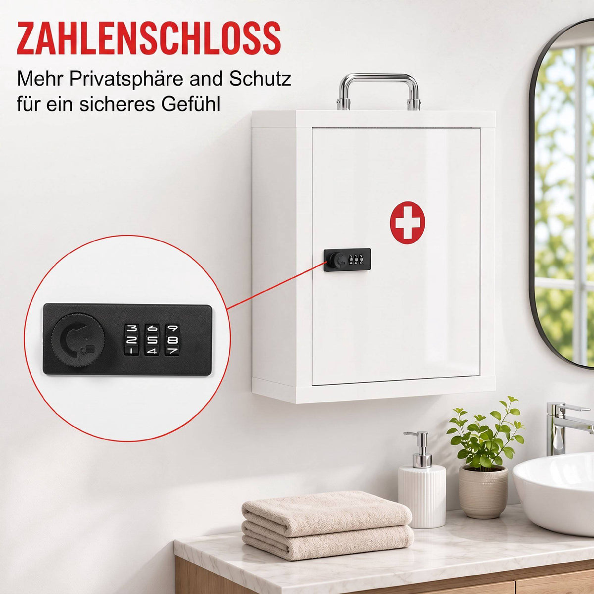 Wall-Mounted Steel Medicine Cabinet with Combination Lock, White