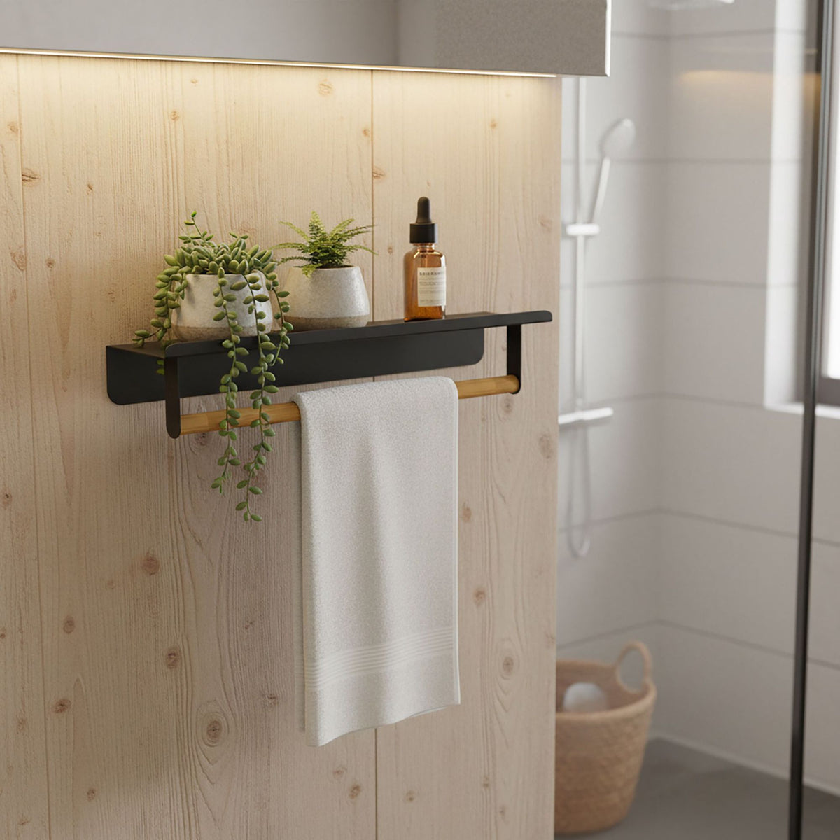 Wall-Mounted Towel Rail with Bamboo Bar and Metal Shelf