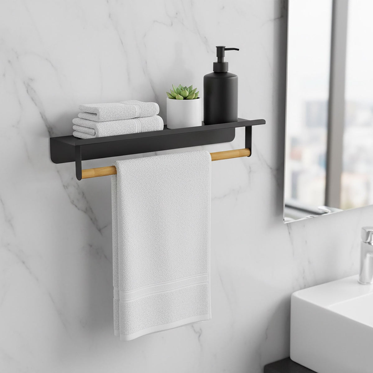 Wall-Mounted Towel Rail with Bamboo Bar and Metal Shelf