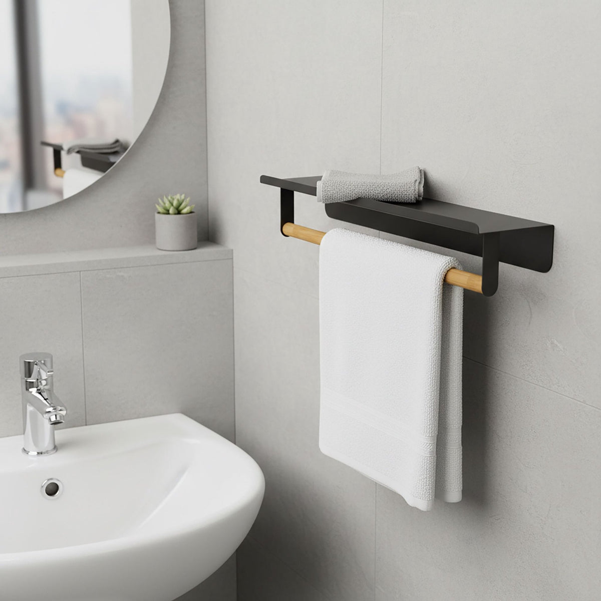 Wall-Mounted Towel Rail with Bamboo Bar and Metal Shelf