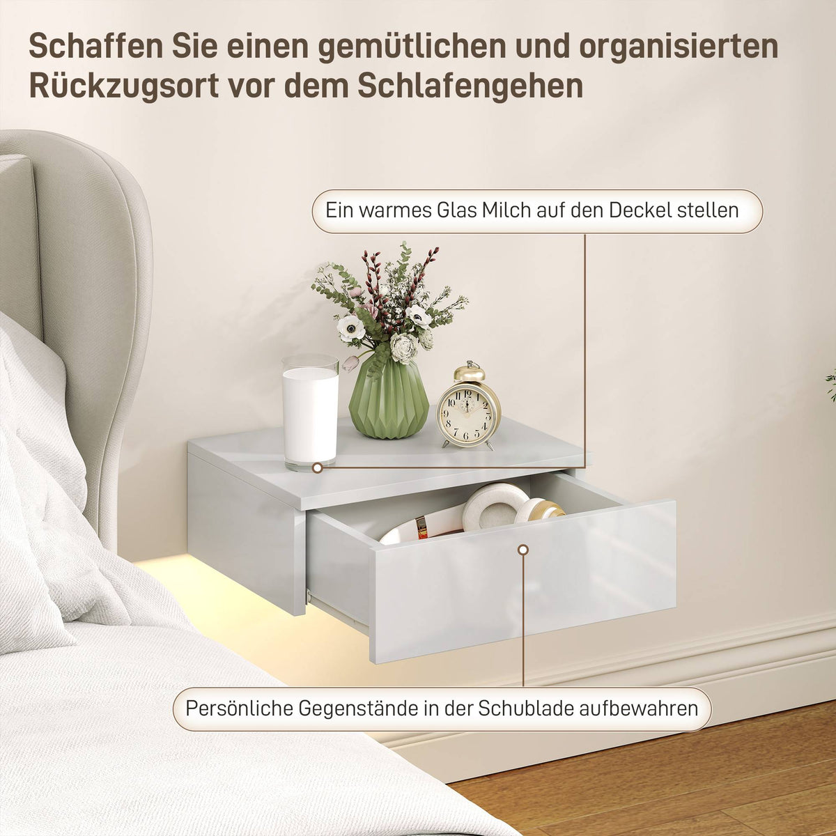 Wall-Mounted White Nightstands Set, Drawer, Chipboard