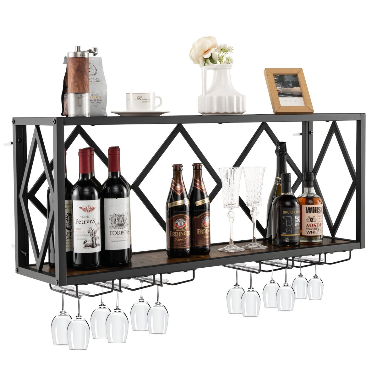 Wall-Mounted Wine Rack, 39 Bottles, 12 Glasses