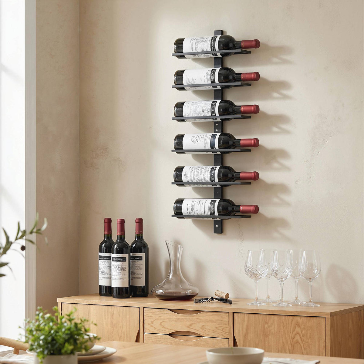 Wall-Mounted Wine Rack, 6-Bottle, Black Steel