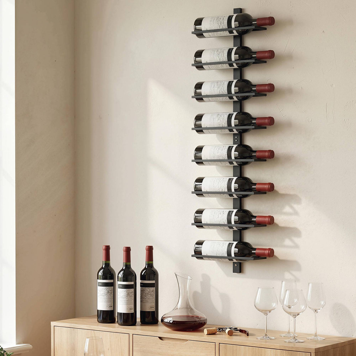 Wall-Mounted Wine Rack, 8-Bottle, Black Steel Tube