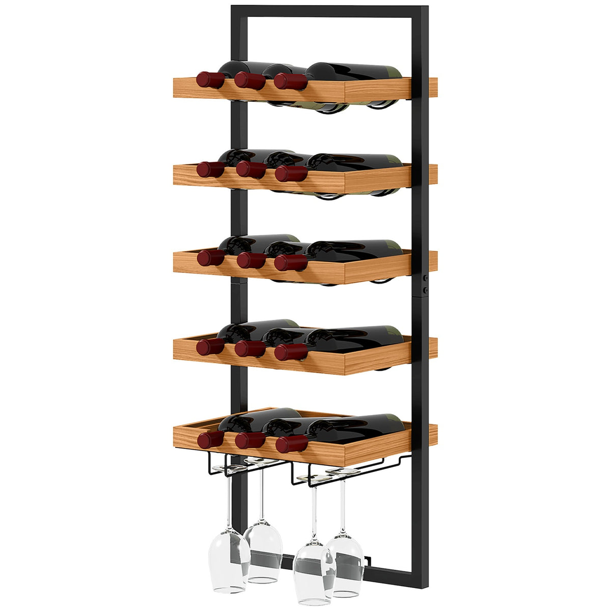 Wall Mounted Wine Rack with 5 Tiers Stackable Wine Bottle Holder Wine Stand for 15 Bottles and 4 Glasses Pine Wood Steel for Kitchen Dining Room Bar Brown