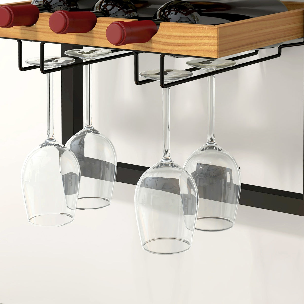 Wall Mounted Wine Rack with 5 Tiers Stackable Wine Bottle Holder Wine Stand for 15 Bottles and 4 Glasses Pine Wood Steel for Kitchen Dining Room Bar Brown