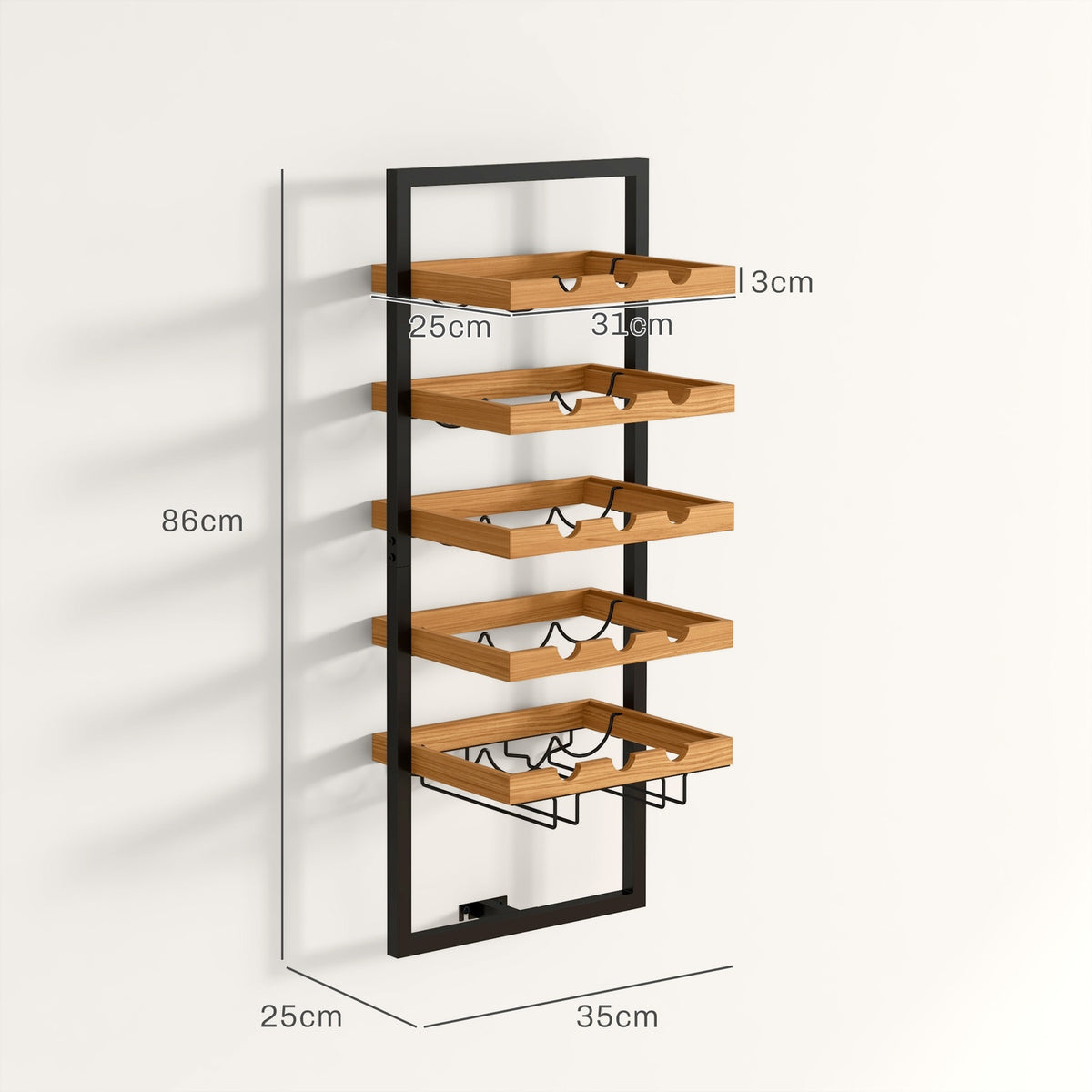Wall Mounted Wine Rack with 5 Tiers Stackable Wine Bottle Holder Wine Stand for 15 Bottles and 4 Glasses Pine Wood Steel for Kitchen Dining Room Bar Brown
