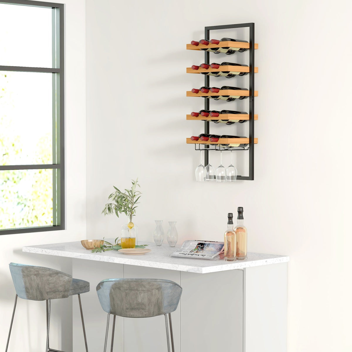 Wall Mounted Wine Rack with 5 Tiers Stackable Wine Bottle Holder Wine Stand for 15 Bottles and 4 Glasses Pine Wood Steel for Kitchen Dining Room Bar Brown