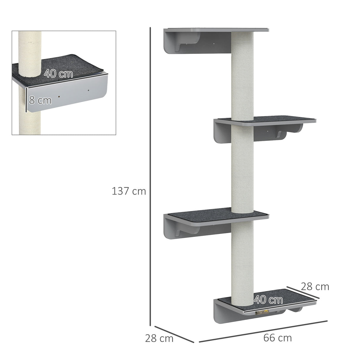 Wall Scratching Post Cat Climbing Wall Wall Mounted Wood Light Gray Beige 66X28X137Cm